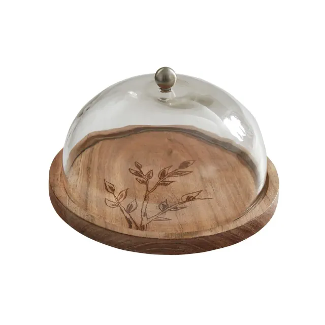 Park Designs Leaves Wood Cheese Board With Glass Dome