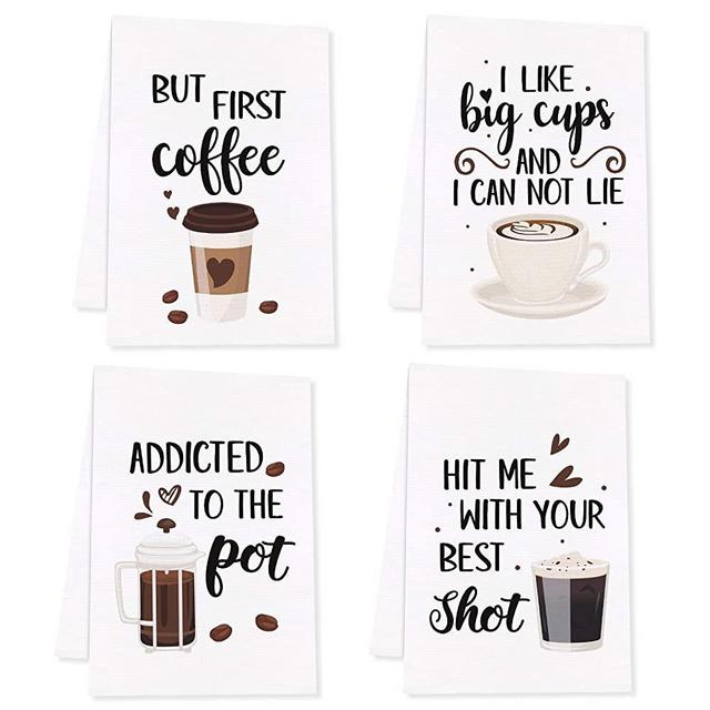Vansolinne Coffee Kitchen Towels Funny Dish Towels Coffee bar Decor Set of 4 - Funny Hostess Gift, Housewarming Gift, Mother's Day, Wedding Shower Gift