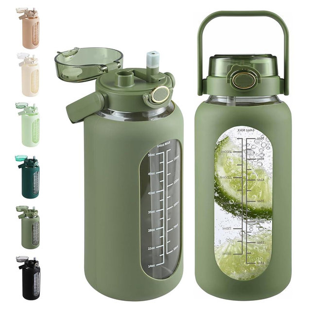 42 oz Glass Water Bottle with 2-in-1 Straw Lid Large Half Gallon Water Bottle with Time Marker & Removable Silicone Sleeve,Wide Mouth BPA-Free Borosilicate Bottle for Gym, Workout & Daily Use