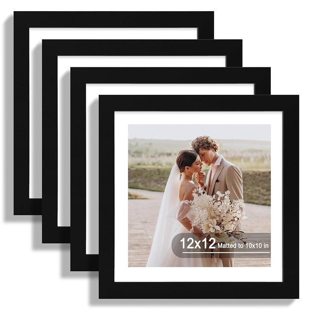 Hongkee 12x12 Picture Frame Set of 4 - Made of Glass and Black Wooden Frame, Display Square Pictures 10x10 with Mat or 12 x 12 without Mat, Desktop & Wall Collage Photo Frame
