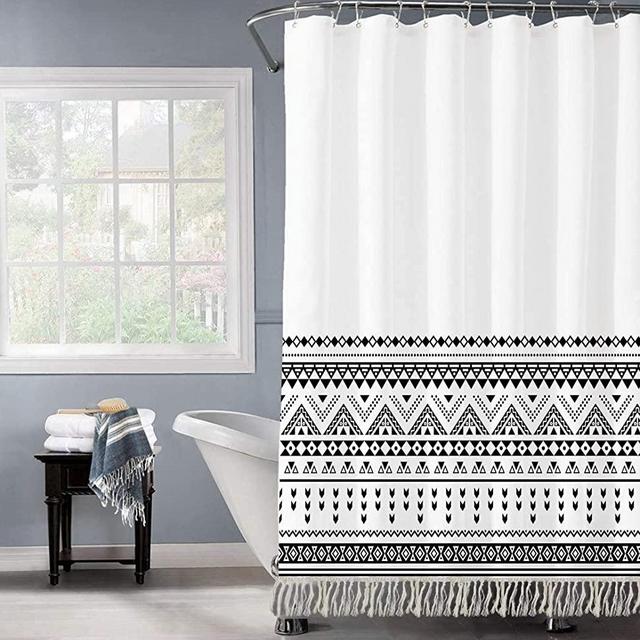 GALMAXS7 Boho Shower Curtain Black White Modern Fabric Shower Curtains for Bathroom Chic Tribal Geometric Striped Decor Polyester Bath Curtain Set with Hooks Heavy Duty Waterproof 72''x78'',Tassel