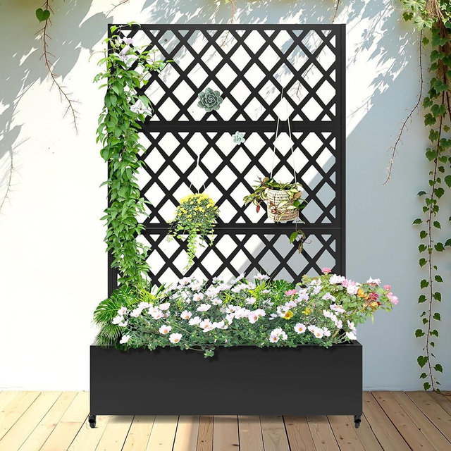 FENCY Metal Planter Box with Diamond Lattice Trellis Planter Box for Climbing Plants/Vines, Galvanized Raised Garden Bed On Wheels, Garden Bed with Trellis(73"x47" Black)