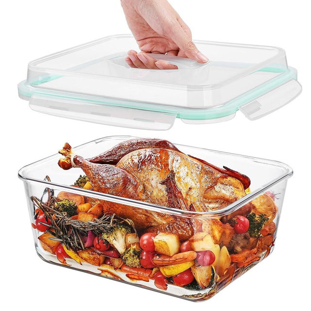 Vtopmart 6.5L/ 220oz/ 27.5cup Extra Large Glass Food Storage Containers with Snap Airtight Lids for Roasting Turkey, Chicken, Baking Casserole, Fruits, Party, BPA Free, Oven Safe, Freezer, Dishwasher