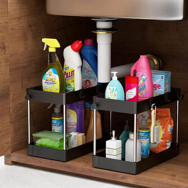 2 Pack Under Sink Organizer,2 Tier Under Sink Organizers and Storage,Under Cabinet Organizer with Hooks,Multi-Purpose Standing Rack Organizer for Bathroom Kitchen