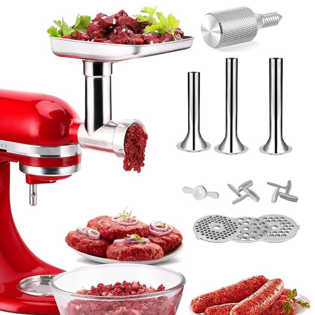 FavorKit Stainless Steel Food Meat Grinder Accessories for KitchenAid Mixers, Dishwasher Safe, Included 3 Sausage Stuffer Tubes and 1 Metal Attachment Knob Screw Replacement