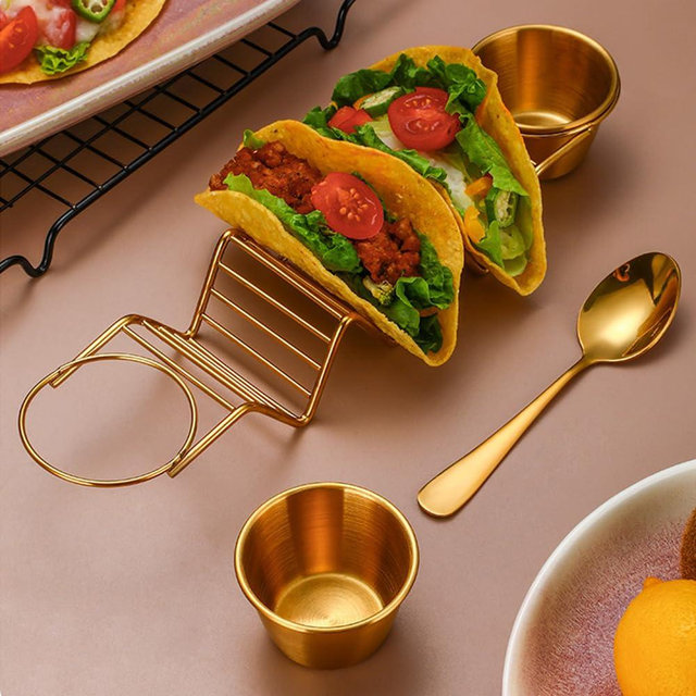 Digead Taco Holder Stand, Upgrade Stainless Steel Taco Rack Truck Tray Style, Oven Safe for Baking, Dishwasher and Grill Safe, Up to 3 or 2 Tacos, Golden