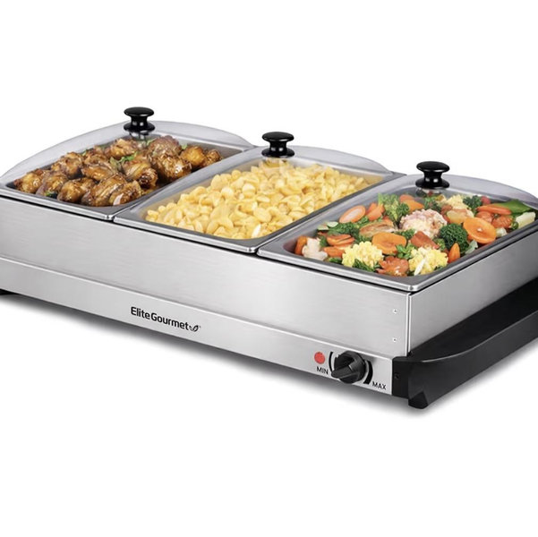 Elite Gourmet EWM-6171 Triple 3 x 2.5 Qt. Trays, Buffet Server, Food Warmer Temperature Control, Clear Slotted Lids, Perfect for Parties, Entertaining & Holidays, 7.5 Qt Total, Stainless Steel