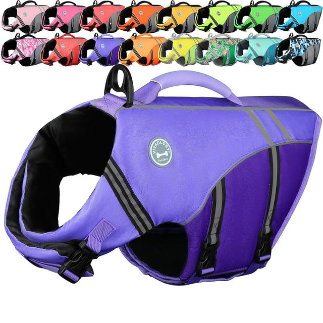 VIVAGLORY Sports Style Dog Life Vest, Dog Life Jacket for Swimming & Boating, Ripstop & Buoyancy for Puppy Doggy, Lifejacket with Handle, L, Purple