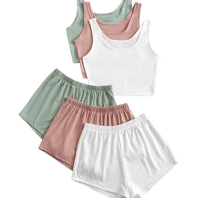 SheIn Women's 6 Pieces Outfits Tank Crop Top and Elastic Waist Shorts Lounge Set