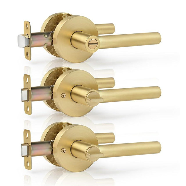 Gaurqiah 3 Pack Wholesale Brushed Gold Round Privacy Door Levers Keyless Heavy Duty Door Levers, Interior Reversible Door Handles for Bedroom Bathroom, Satin Brass