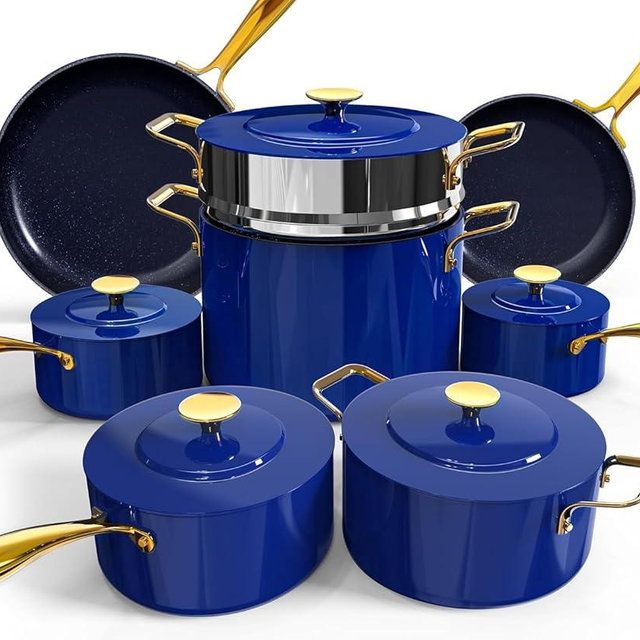 Nuwave Lux LE 13-Pc Cookware Set with Elegant Gold Handle, Diamond Infused Ceramic Non-Stick, PFAS Free, Premium Metal Lids, Ergonomic Stay-Cool Handles, Induction Ready & Compatible w/All Cooktops