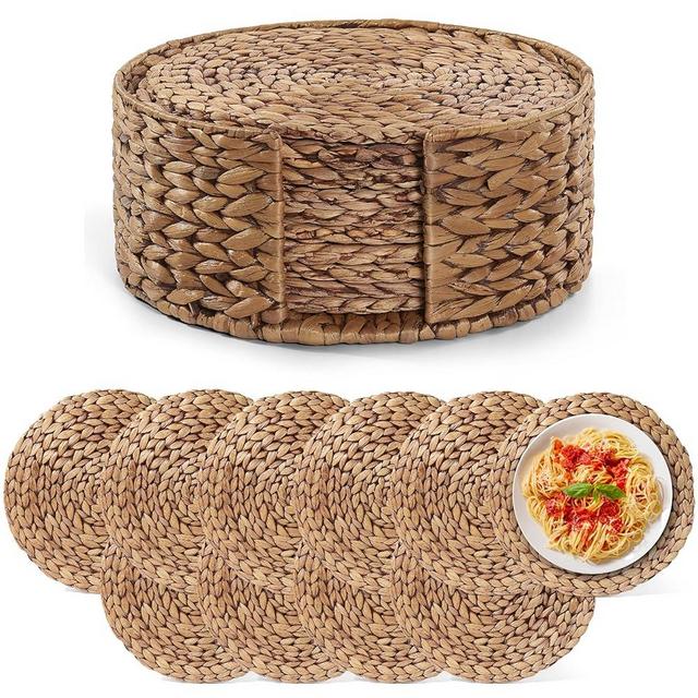 BLUEWEST Woven Placemats Round, Plate Chargers Water Hyacinth Placemats with Durable Round Holder (Pack 10), Heat Resistant, Durable and Nonslip Wicker Hyacinth Braided Placemats Set for Dinning Table