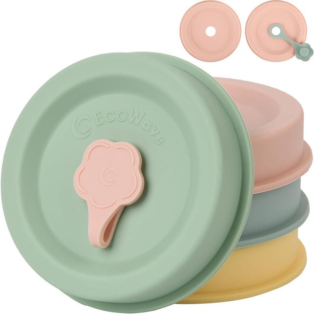 EcoWave Silicone Mason Jar Lids With Straw Hole & Stopper Plug - One Lid Fit Both: Regular Mouth (Push-On) & Wide Mouth (Push-Down) - Mason Jar Drinking & Storage Top, Vegan, Plastic-free, BPA-free