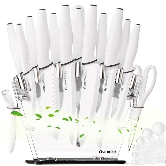 Astercook Knife Set for Kitchen with Block and Sharpener 22 Piece Kitchen Knives Sharp Blade Dishwasher Safe Knife Block Set with Ergonomic Handle, Elegant White