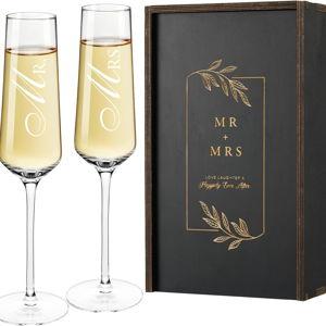 AW BRIDAL Mr and Mrs Gifts Wedding Champagne Flutes, Engagement Gifts for Couples and Newlyweds, Bride and Groom Champagne Glasses with Wood Keepsake Box,Bridal Shower Gifts for Bride to Be