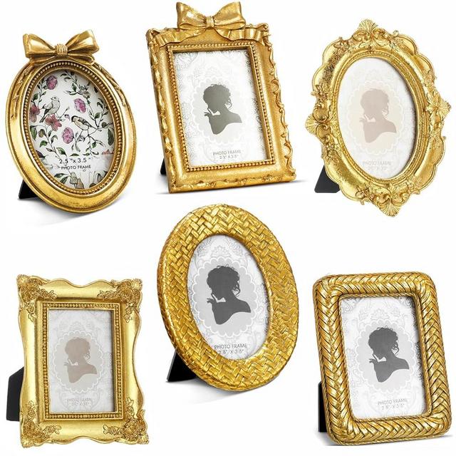 Vicenpal 6 Pcs Tiny Picture Frame Small Picture Frames Oval Frames Gold Vintage Baroque Ornate Antique Frames Resin Oval Frame Table Display Frame for Home Wedding(Elegant Style)