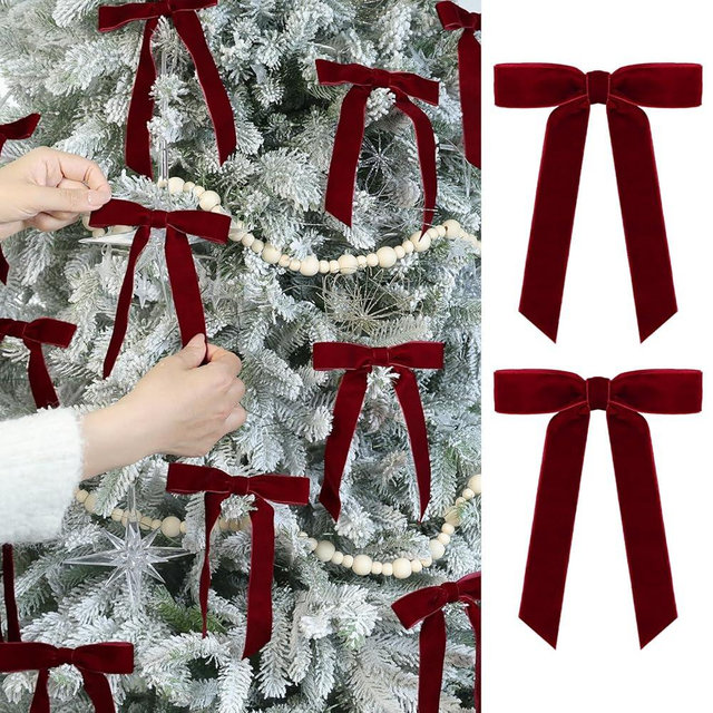 FLAIR GIFTS 24 Pcs Burgundy Wine Red Velvet Christmas Bows Ornaments - 5 x 7 Inch Luxury Vintage Velvet Ribbon Bows for Christmas Tree Decor, Wreaths, Gifts Wrapping, Fireplaces, and Xmas Decoration