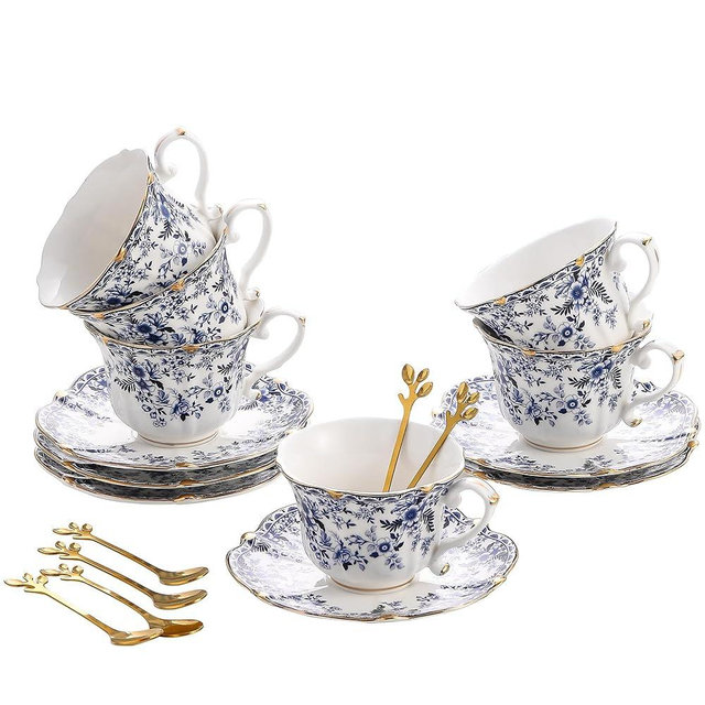 TATSUMI Country Roses 18 Peices Bone China Tea Cup And Saucer Set, English Vintage Tea Cups Of 6 For Women And Tea Party Sets
