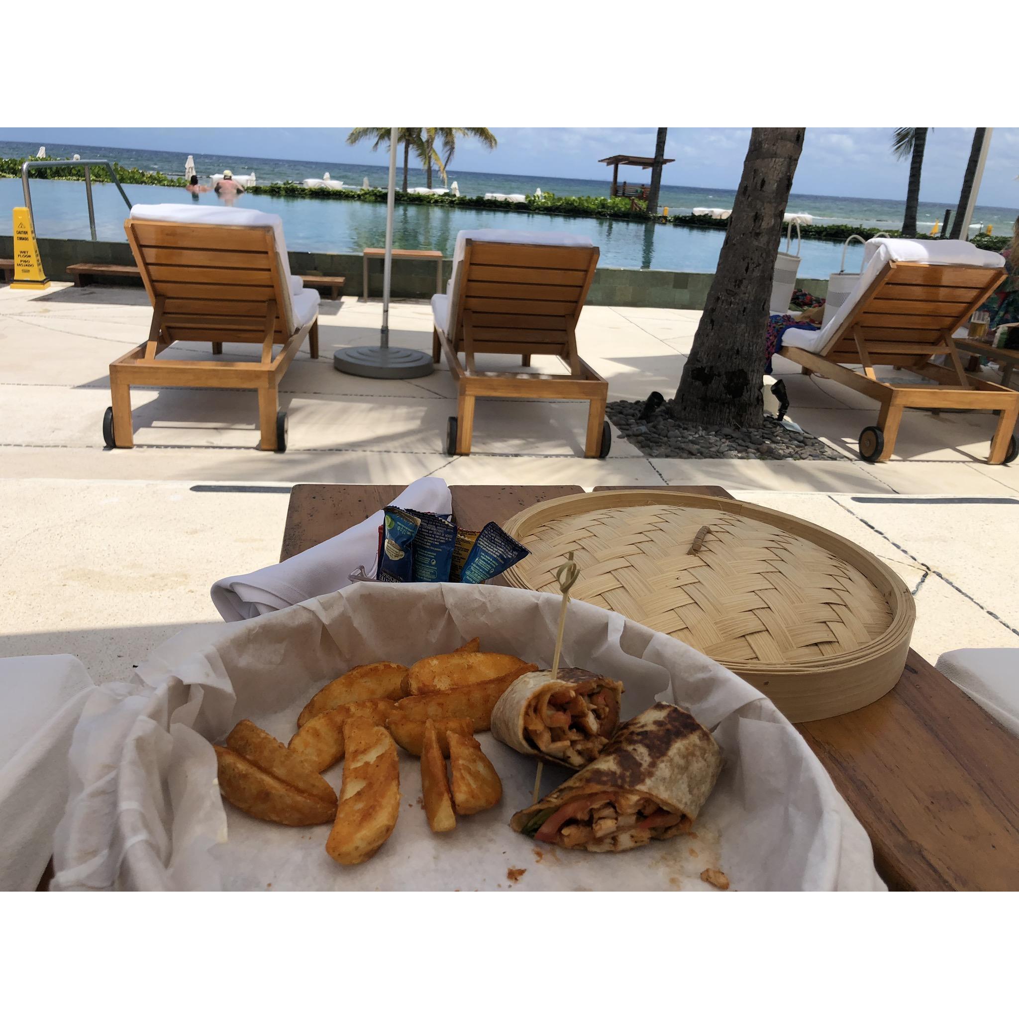 Ordered lunch at the Grand Class pool one day - carne asada wrap, so good!!