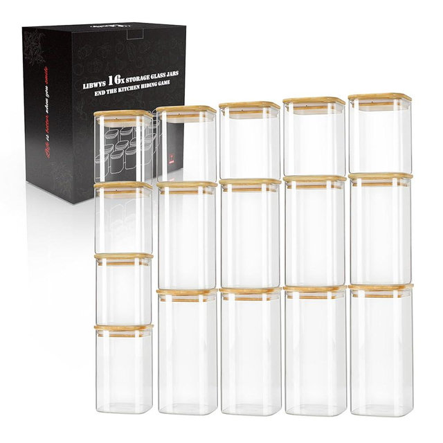 LIBWYS 16-Pack Square Glass Storage Jars with Bamboo Lids (0.6Qt/1.06Qt) - Stackable Food Containers for Pantry Organization, Coffee, Flour, Snacks, Tea | Kitchen Canisters Set