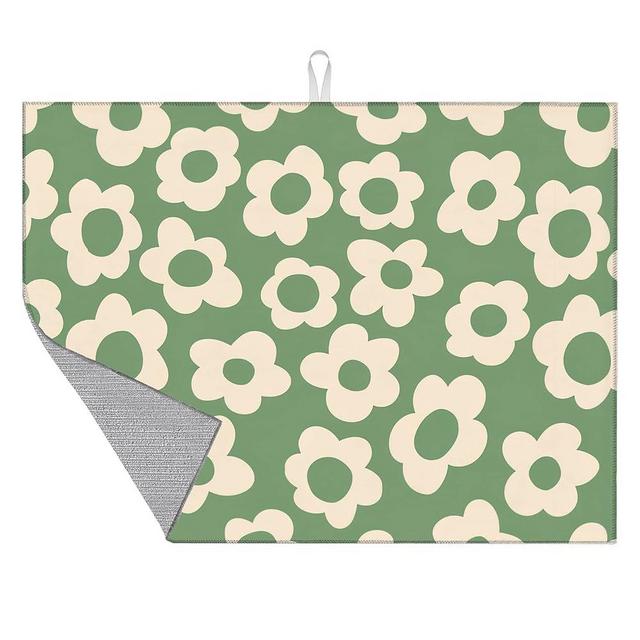 Dish Drying Mat for Kitchen Counter, Vintage Groovy Flowers Dish Mat Microfiber Drying Pad Dish Drainer Mats for Countertop Coffee Bar 18x24 Inch