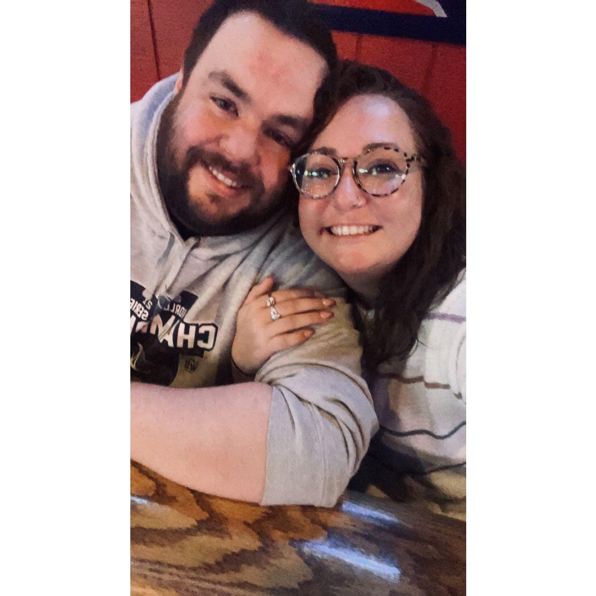 We first said "I love you" at the bar and grill by Sarah's house, The Angry Bull.