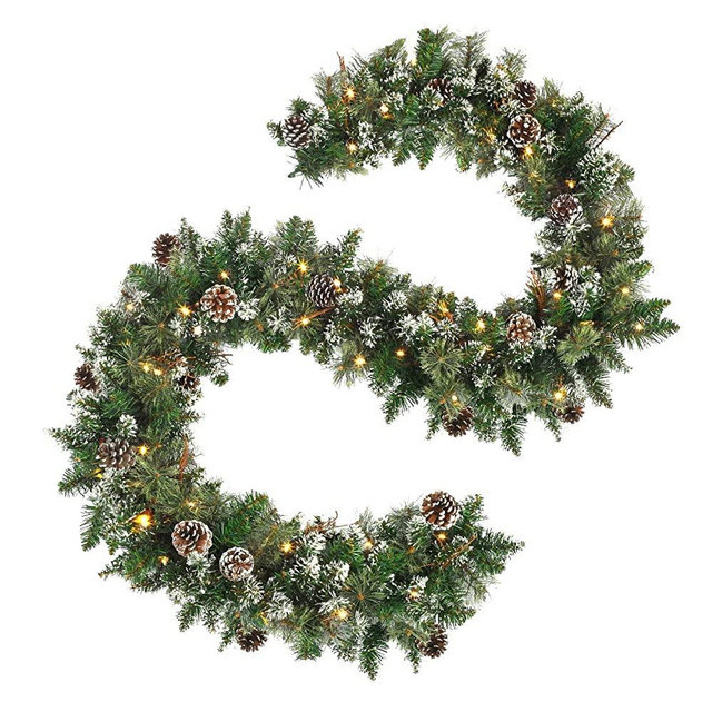 OasisCraft 9 FT Prelit Christmas Garland with Pine Cones, Artificial Snowy Pine Garland for Christmas 50 LED Battery Operated Warm Lights and Timer Xmas Garlands Decor Indoor Outdoor