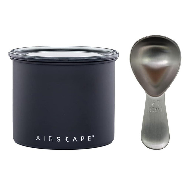 Airscape Stainless Steel Coffee Canister & Scoop Bundle - Food Storage Container - US Patented Airtight Lid Pushes Out Excess Air - Preserve Food Freshness (Small, Matte Black & Brushed Steel Scoop)