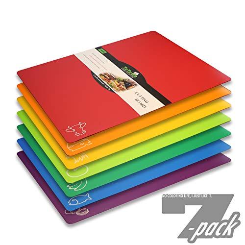 Cutting Board Mats Flexible Plastic Colored Mats With Food Icons, TuTuBo BPA-Free, Non-Porous, Anti-skid back and Dishwasher Safe, Set of 7