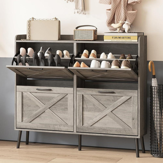 Maupvit Large Shoe Cabinet with 4 Flip Drawers, Freestanding Shoe Cabinet Organizer with Metal Drawer Bracket, Shoes Storage Cabinet for Entryway, Narrow Shoe Rack Cabinet, 5 Sturdy Legs, Washed Gray