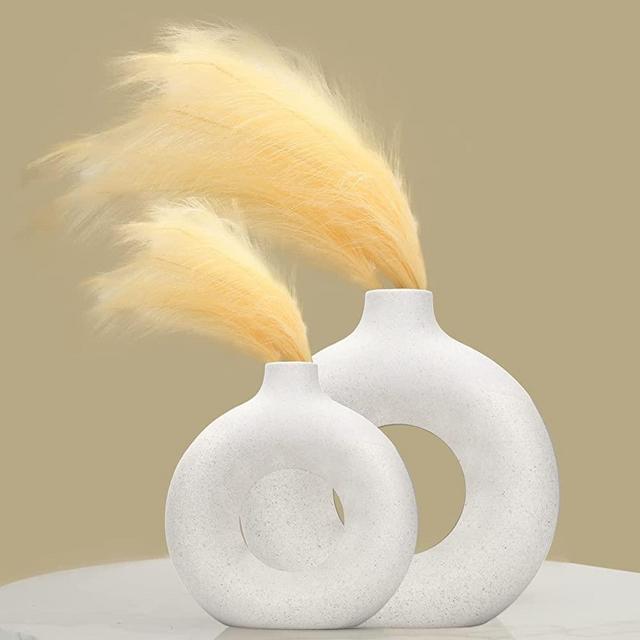 vases for Decor 2pcs/Set Beige Ceramic Vase Amazon Home Decorative Modern vase,Nordic Round Matte Hollow Donut for vase decorates &Simple Art Style Decoration Thanksgiving Gift
