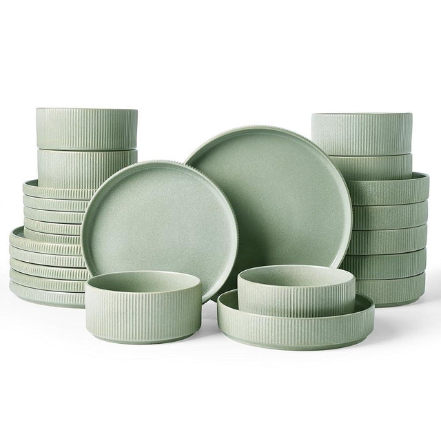 Famiware Star Dinnerware Set with Pasta Bowls, Service for 6 (24 Pieces), Ribbed Stoneware Plates and Double Bowls Sets - Chip & Scratch Resistant, Microwave & Dishwasher Safe Dishes, Matte Sage Green