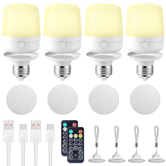 Rechargeable Light Bulb with Remote and Timer for Sconce and Lamp, Battery Backup Night Light, E26 Detachable Charging, Magnetic Base, 3 Lighting Colors, Dimmer, 7W, Lanyard Included, 4 Pack