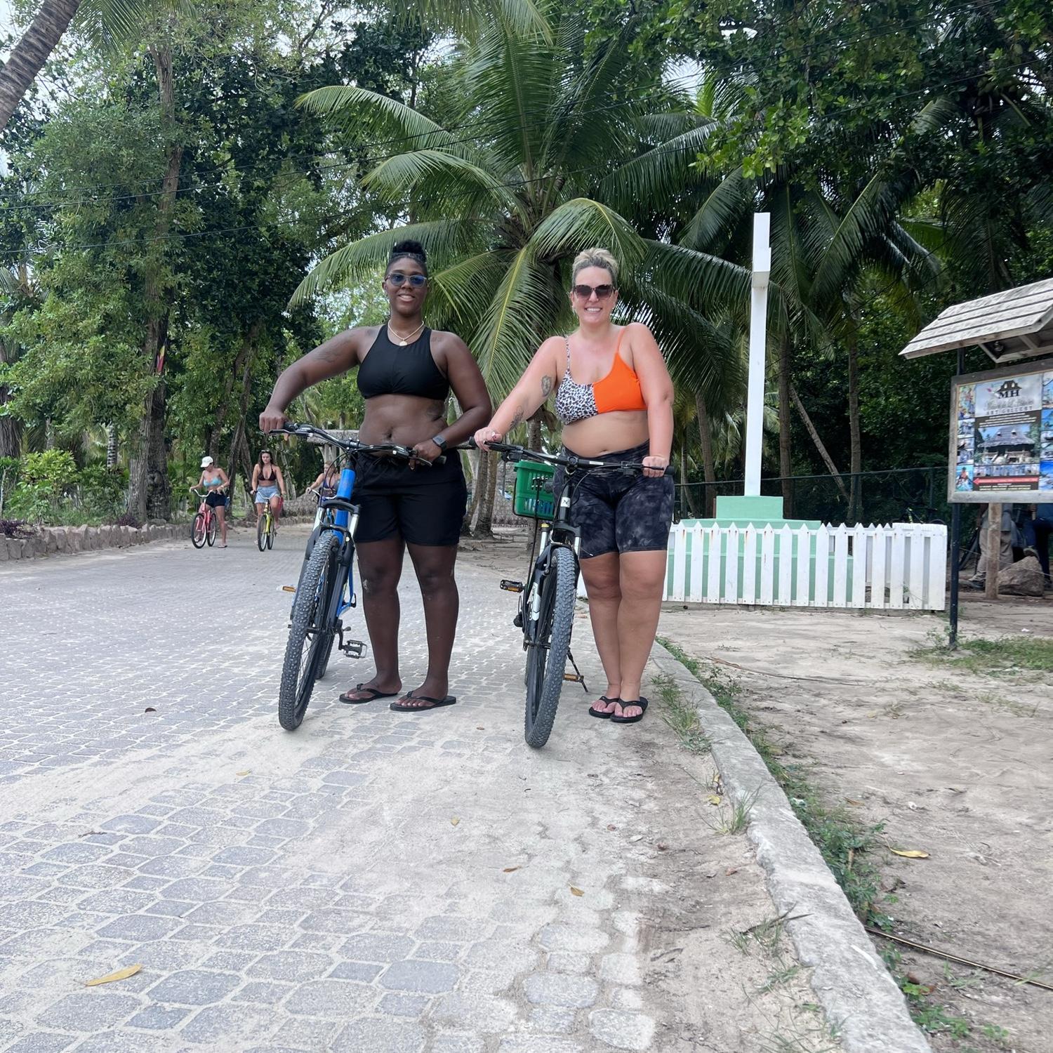 Biking around La Digue in the Seychelles. This island only has golf carts or bikes to get around.