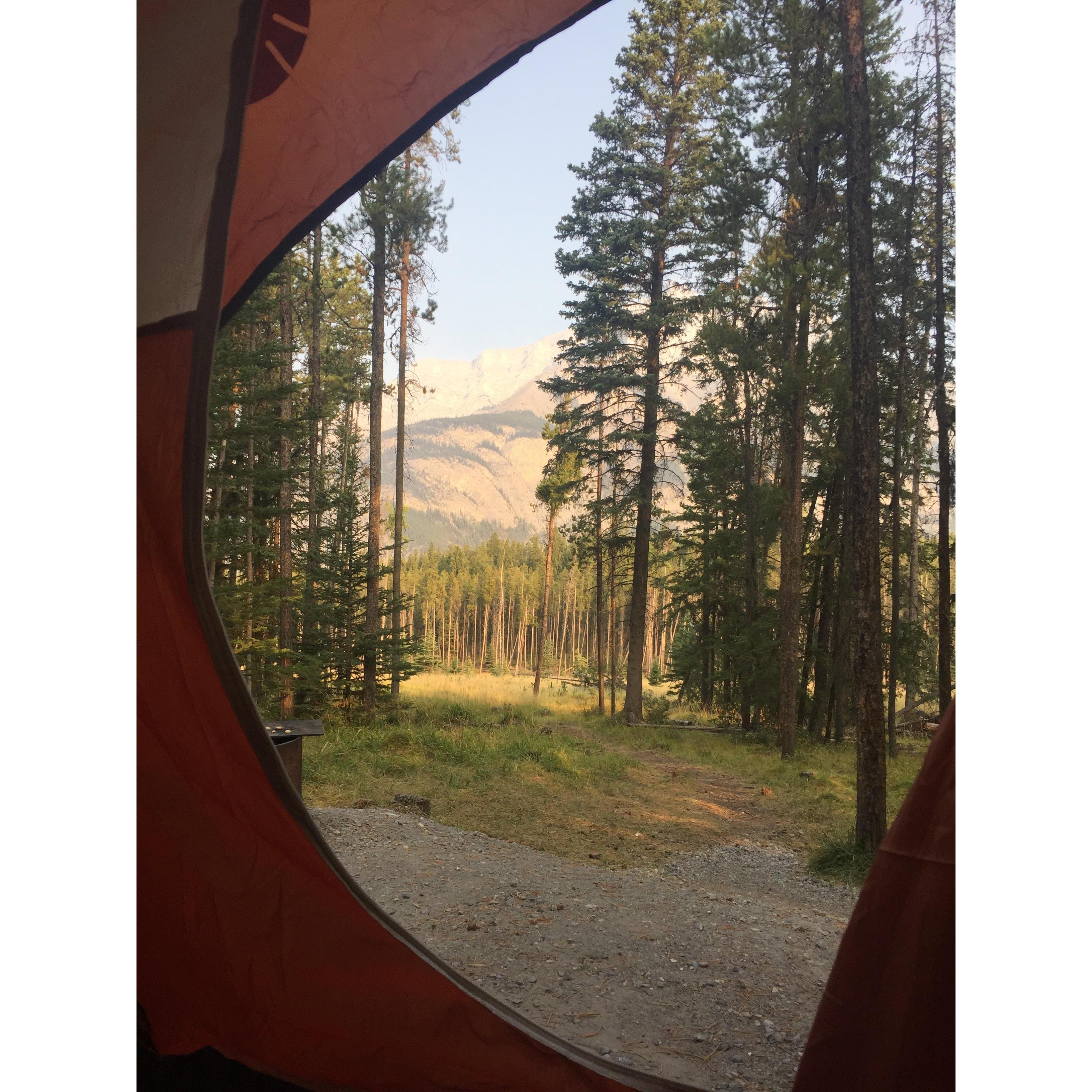 The view from our tent, camping in Banff.