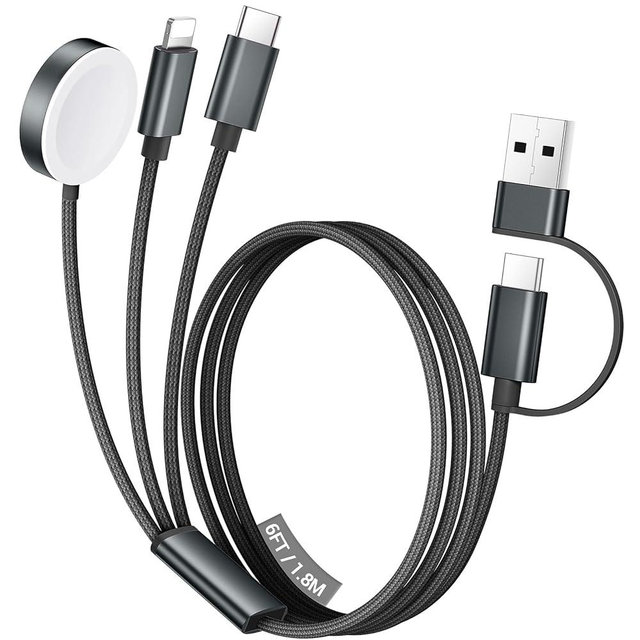 Temdan for Travel Vacation Essentials,3 in 2 USB C Cable for Apple Watch Charger/iPhone 17 Charger/Lightning,Multi Charging Cable Cord,Camping Essentials,Designed for iWatch &iPhone 16-12-6FT Black