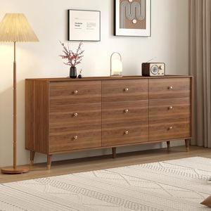 Messenya 9 Drawer Dresser for Bedroom, 63 Inch Walnut Dresser for Closet, Mid Century Wood Chest of Drawers with Natural Texture & Pre-Embedded Slots for TV Stand, Living Room, Hallway, Office