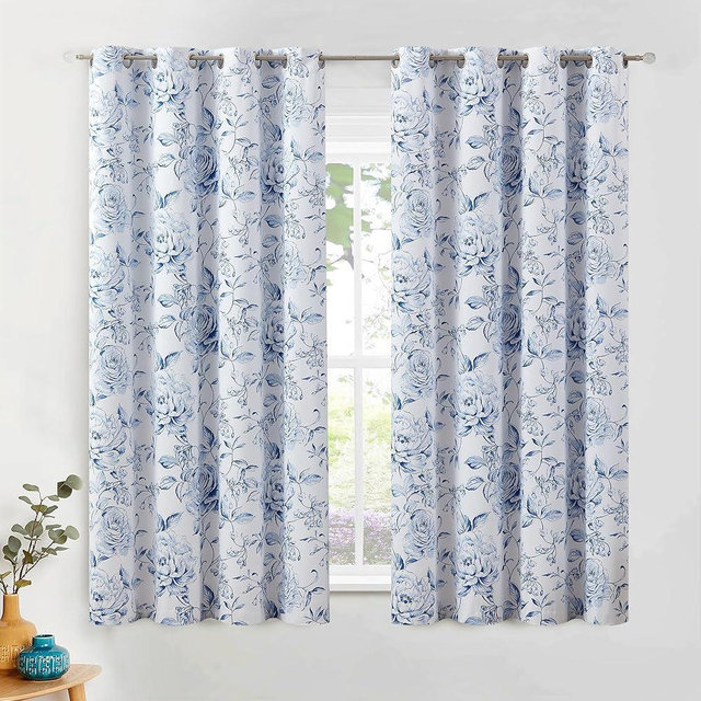 Beauoop Floral 100% Blackout Curtains 54 Inches Long 2 Panels for Bedroom Living Room Navy Blue White Farmhouse Rose Flower Patterned Room Darkening Thermal Grommet Window Treatments Drapes, 50X54