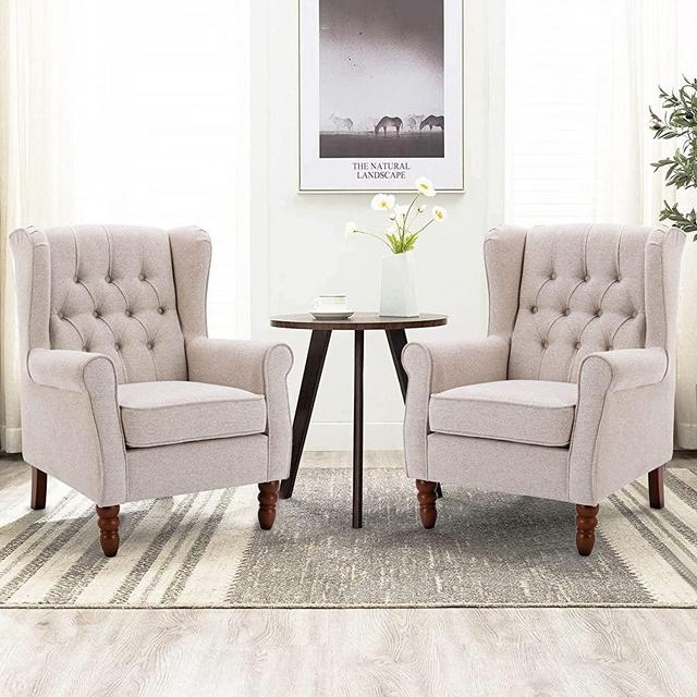 COLAMY Living Room Accent Chairs Set of 2, Thick Upholstered Button Tufted Wingback Armchair Fabric Mid-Century Modern Sofa Arm Chair, Solid Wood Legs Padding Seat, Beige