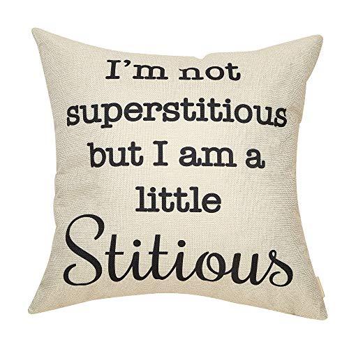 Fjfz The Office Décor TV Show Funny Decoration I'm not Superstitious But I am a Little Stitious, Michael Scott Sign Cotton Linen Home Decorative Throw Pillow Case Cushion Cover for Sofa Couch 18" x18"