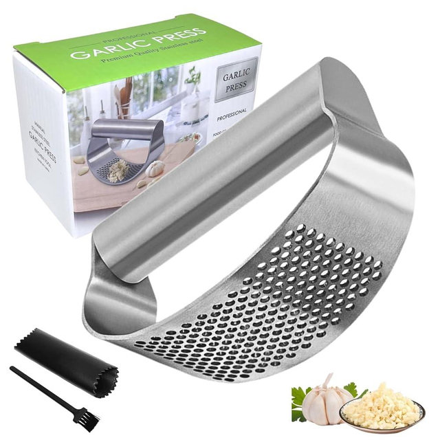 Stainless Steel Garlic Press Rocker - Heavy Duty Garlic Mincer & Crusher Tool with Peeler & Brush, Easy Clean Garlic Chopper Kitchen Gadget