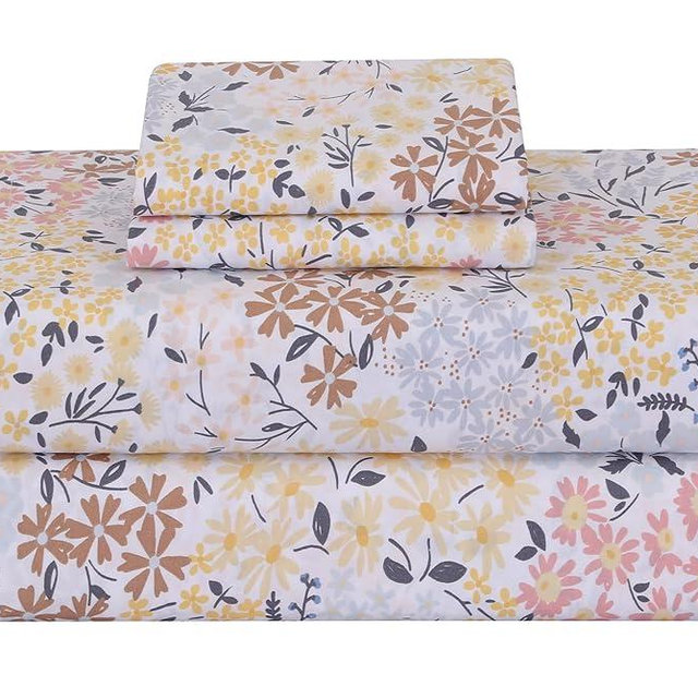 Feather & Stitch Softest 100% Cotton Sheets, 4 Pc Set, 300 Thread Count Percale Weave Bedding, 16" Deep Pocket, Cooling Sheets, Breathable Bed Set (Queen, Victorian Floral)