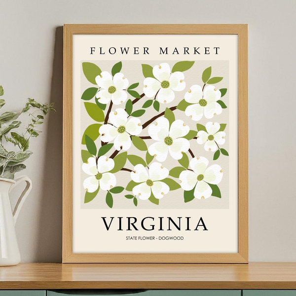 Virginia Dogwood Flower Market Print, Vintage Virginia State Flower Poster, Pastel Retro Flower Poster, Large Wildflower Print Wall Art