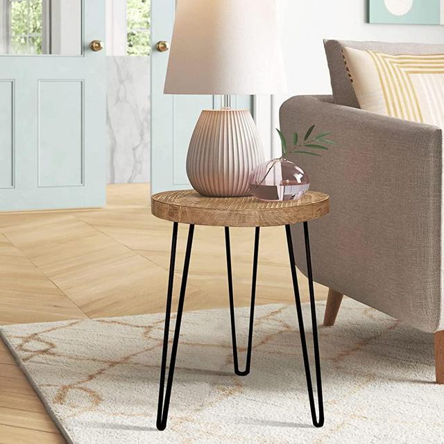 BOTALEGRE Old Elm End Table, Round Side Table, Rustic Nightstand, Snack Table W/3 Metal Legs