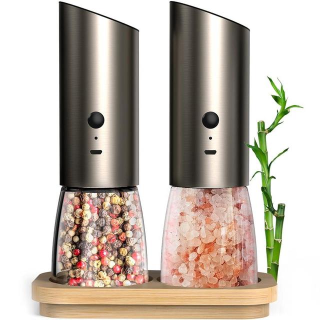 Electric Salt and Pepper Grinder Set with Adjustable Coarseness, LED Light and a Bamboo Base – Rechargeable Stainless Steel Spice Grinder for Kitchen - Automatic Salt and Pepper Shakers