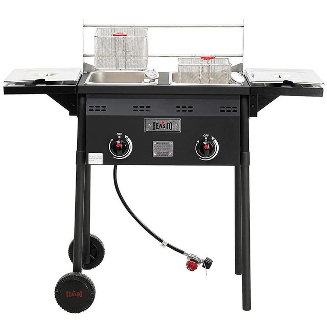 Feasto Outdoor Propane Deep Fryer,Dual Tank with Dual Independent Cast Iron Burners and Thermometers,Removable Fryer Pot,Baskets & Lids, Movable Propane Fryer Cart with Regulathor,50000 BTU