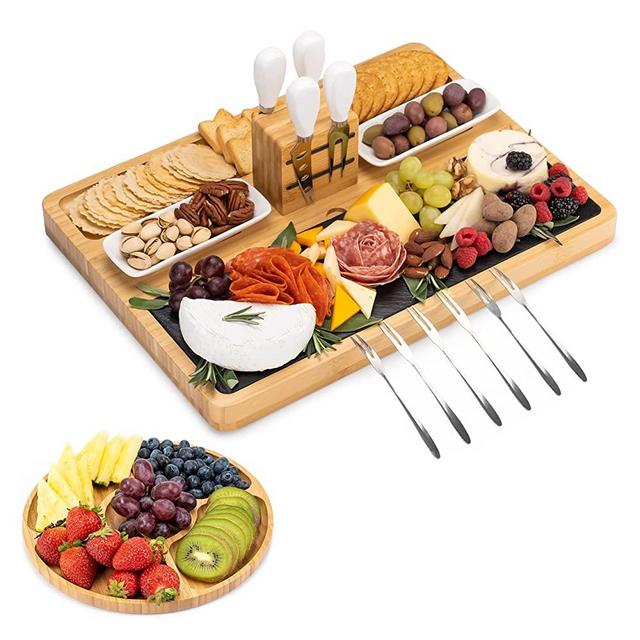SMIRLY Bamboo Cheese Board and Knife Set: Large Charcuterie Boards Gift Set - Meat Cheese Platter - Large Cheese Board Set, Cheese Tray - Unique House Warming Gifts, New Home, Wedding Gifts for Couple