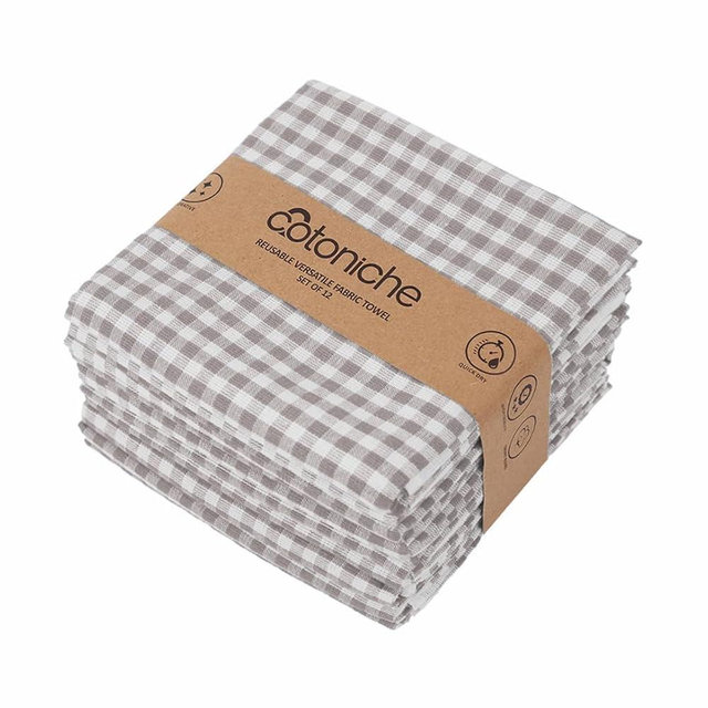 Cotoniche Gingham Kitchen Towels - Dish Towels for Drying Dishes (24" x 16") Vintage & Versatile - Perfect as Kitchen Dish Cloths, Gingham Hand Towels - (12 Pack) (Gray)