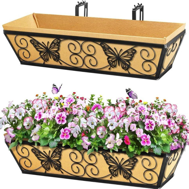 Karlliu 2 Pack 24 Inch Window Boxes Planters Railing Planter Box with Adjustable Brackets for Porch Fence Patio Balcony Hanging Flower Baskets with Woven Fabric for Outdoor Garden Decor - Black
