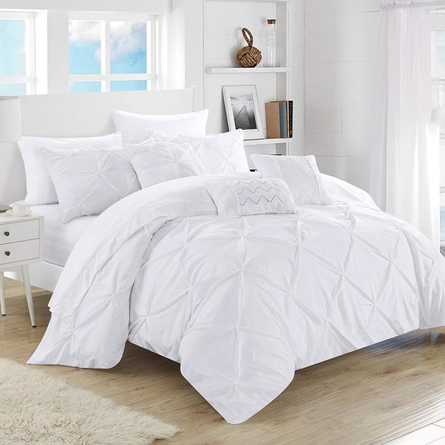 Chic Home 10 Piece Hannah Pinch Pleated, ruffled and pleated complete Queen Bed In a Bag Comforter Set White With sheet set
